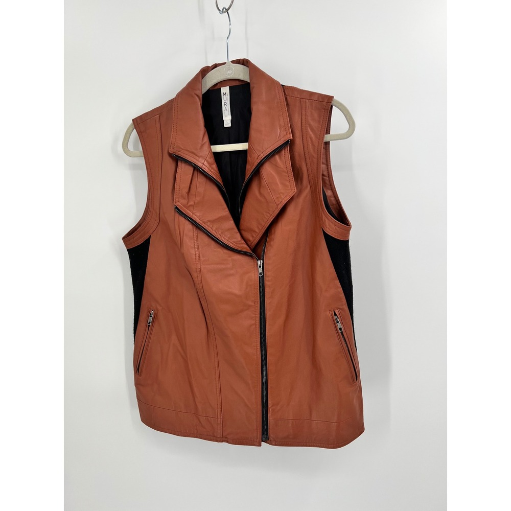 Mural Genuine Leather Moto‎ Vest Cognac Asymmetric Zip Size L